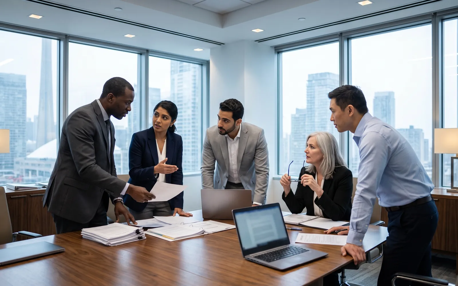 Commodity trading team reviewing contracts in a boardroom overlooking the Toronto skyline