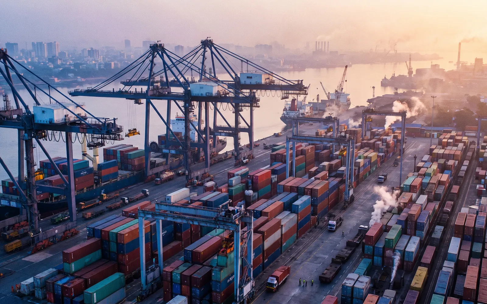 Container port and industrial waterfront at dawn with gantry cranes