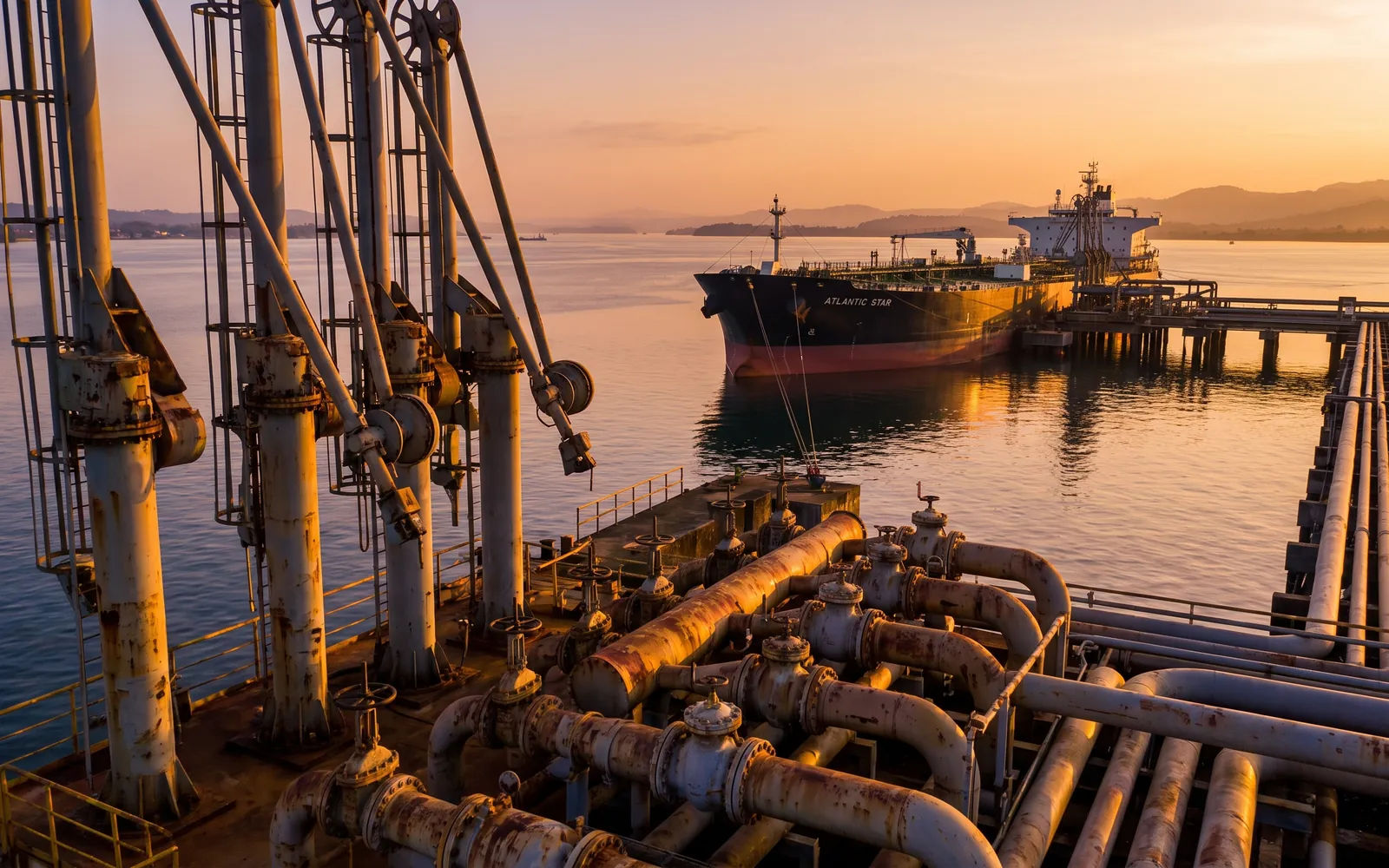 West African crude oil export terminal at golden hour with a tanker moored beyond